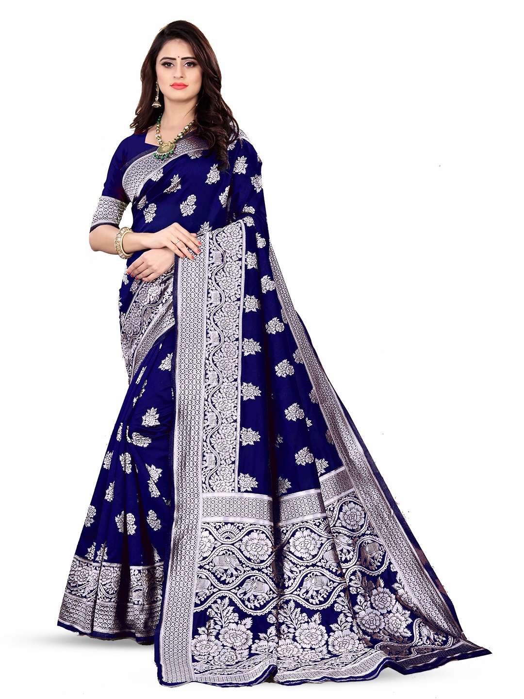

ARYANARI Ethnic Motifs Woven Design Zari Banarasi Saree, Navy blue