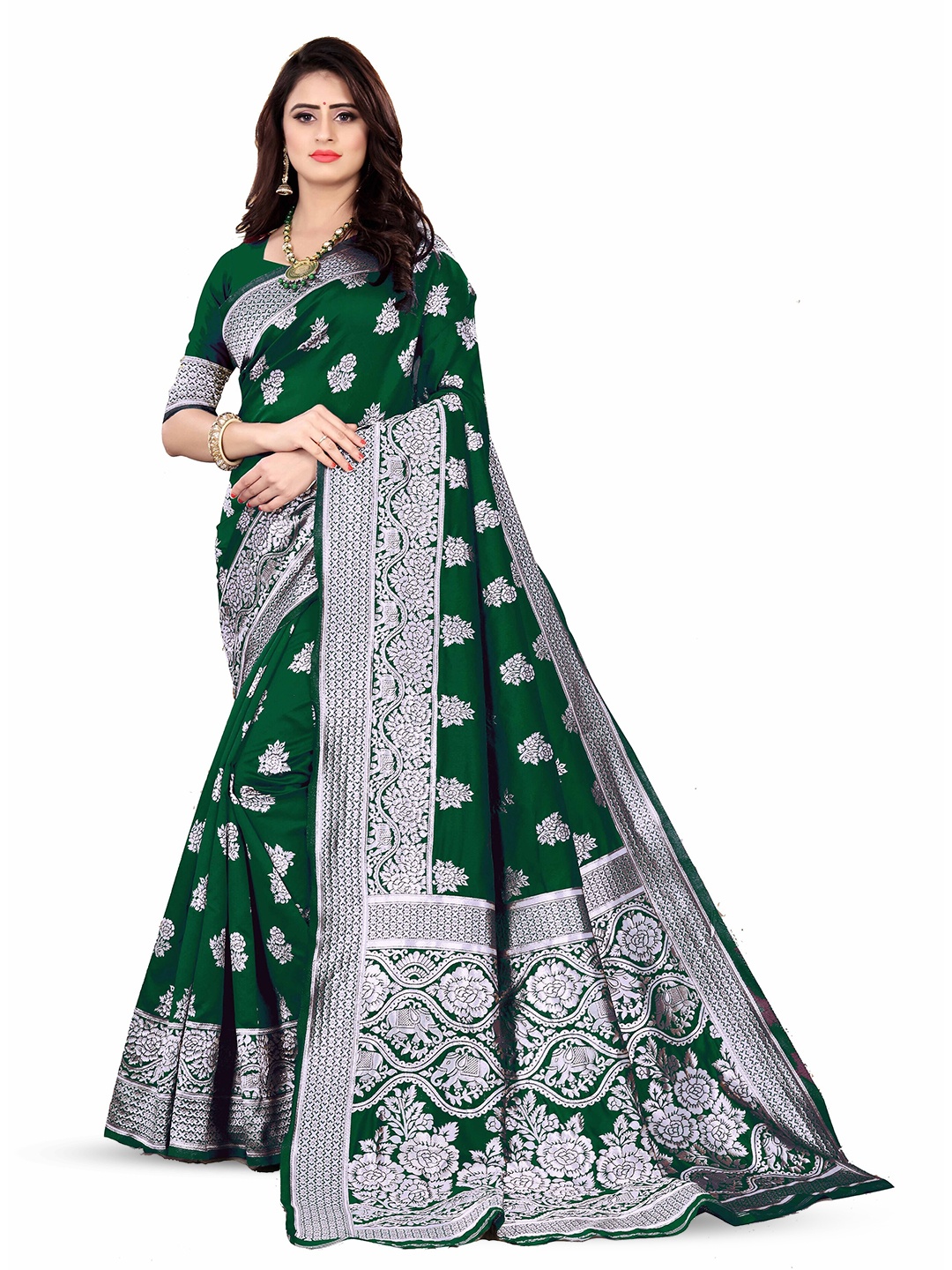 

ARYANARI Ethnic Motifs Woven Design Zari Banarasi Saree, Green