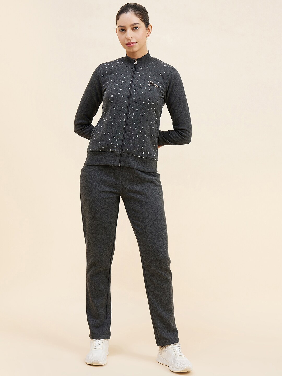 

Sweet Dreams Printed Fleece Mock Neck Sweat Shirt With Mid Rise Track Pant, Charcoal