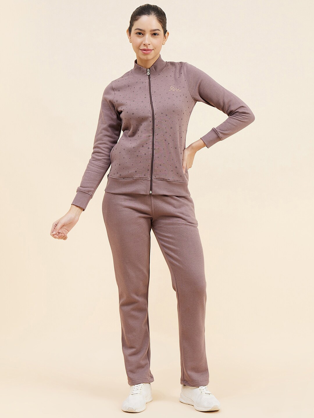 

Sweet Dreams Brown Mock Collar Fleece Sweatshirt & Trackpant