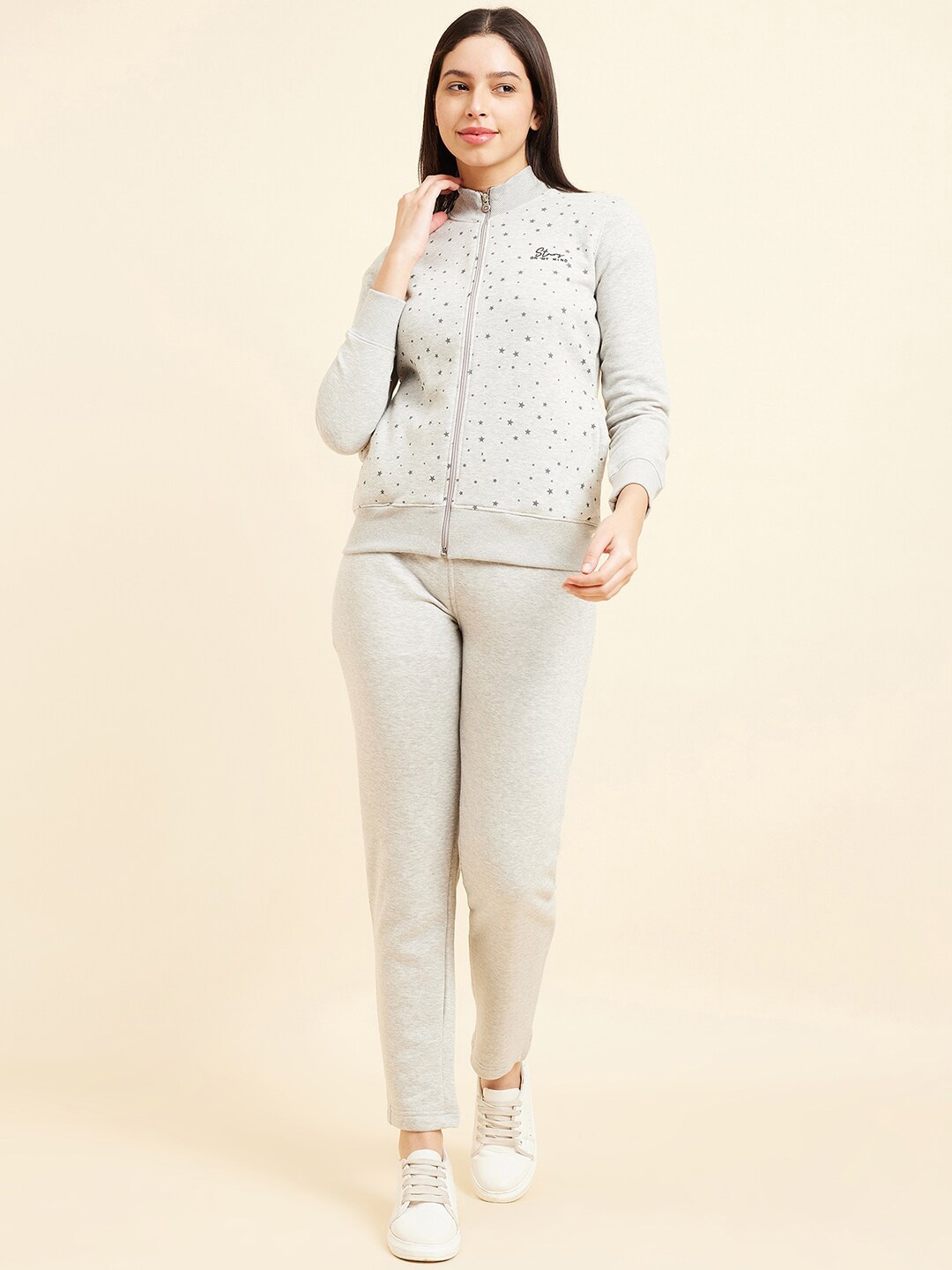 

Sweet Dreams Geometric Printed Fleece Mid-Rise Tracksuit, Grey