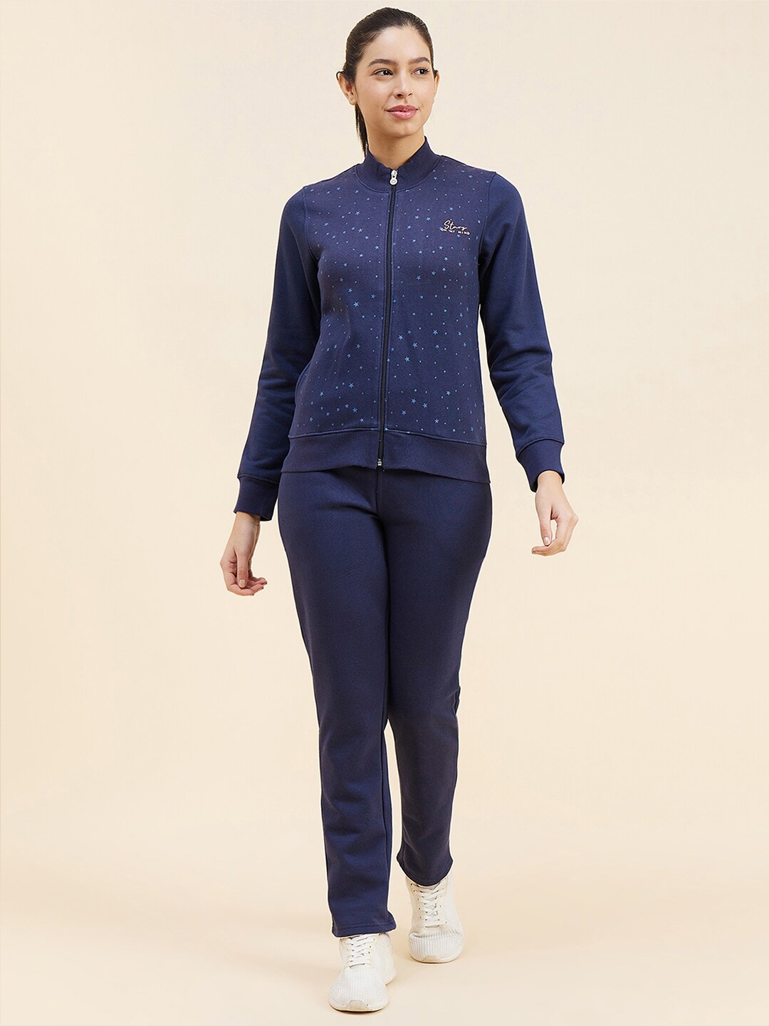 

Sweet Dreams Printed Fleece Mock-Collar Tracksuit, Navy blue