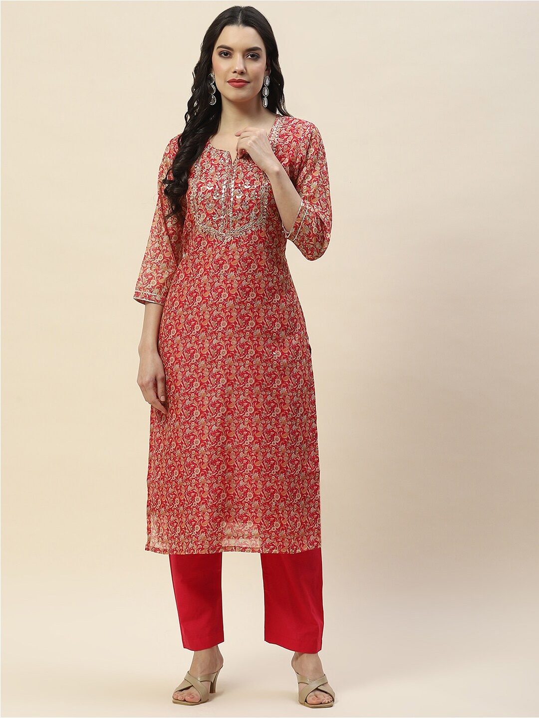 

Meena Bazaar Floral Printed Regular Kurta with Trousers, White