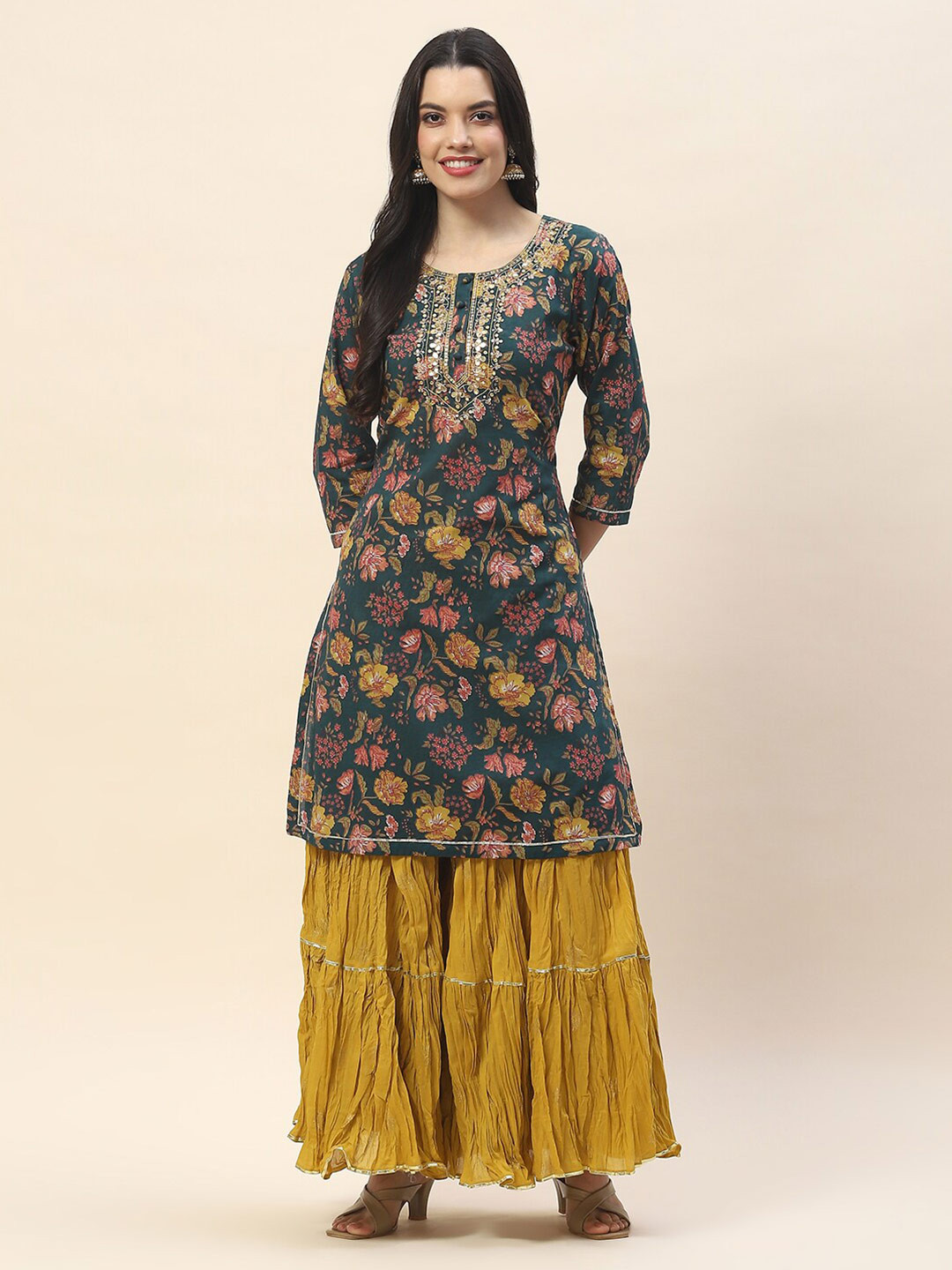 

Meena Bazaar Floral Printed Regular Sequinned Kurti with Sharara, Green
