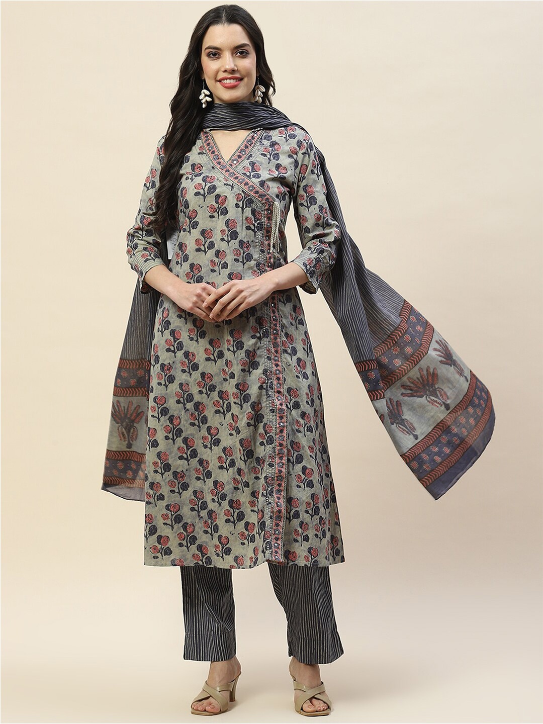 

Meena Bazaar Floral Printed Regular Thread Work A-Line Kurta With Trousers & Dupatta, Grey