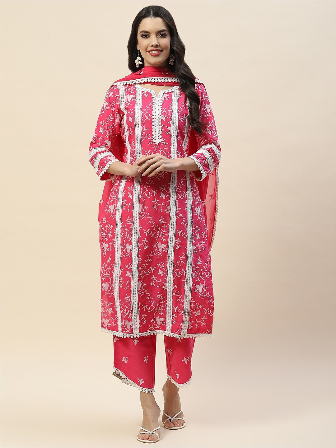 

Meena Bazaar Floral Embroidered Regular Thread Work Cotton Kurta with Trousers & Dupatta, Pink