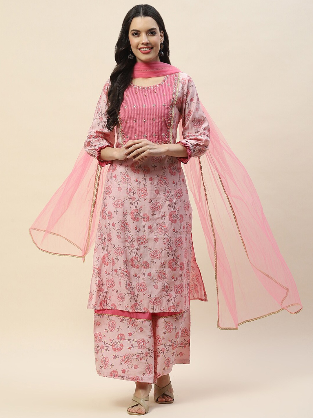 

Meena Bazaar Printed Regular Kurta with Palazzos & Dupatta, Pink