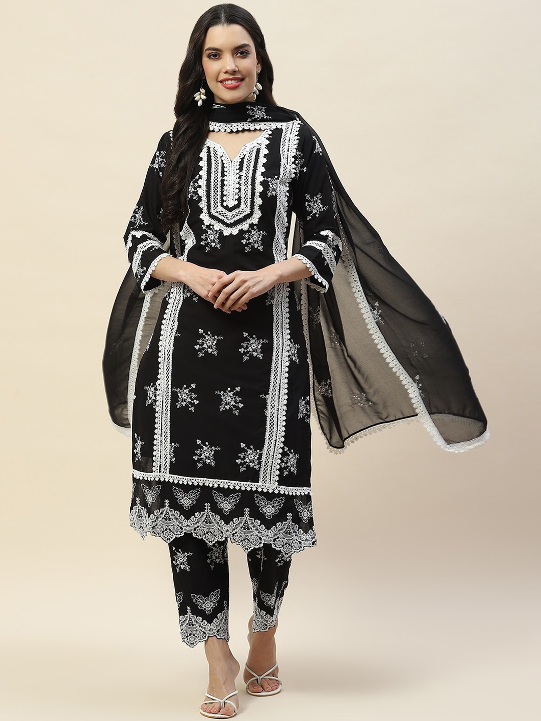 

Meena Bazaar Floral Embroidered Straight Kurta with Trousers & Dupatta, Black