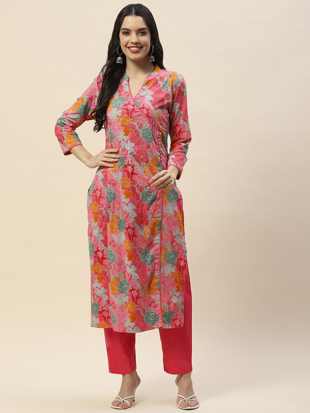 

Meena Bazaar Floral Printed V-Neck Sequinned Regular Kurta With Trousers, Pink