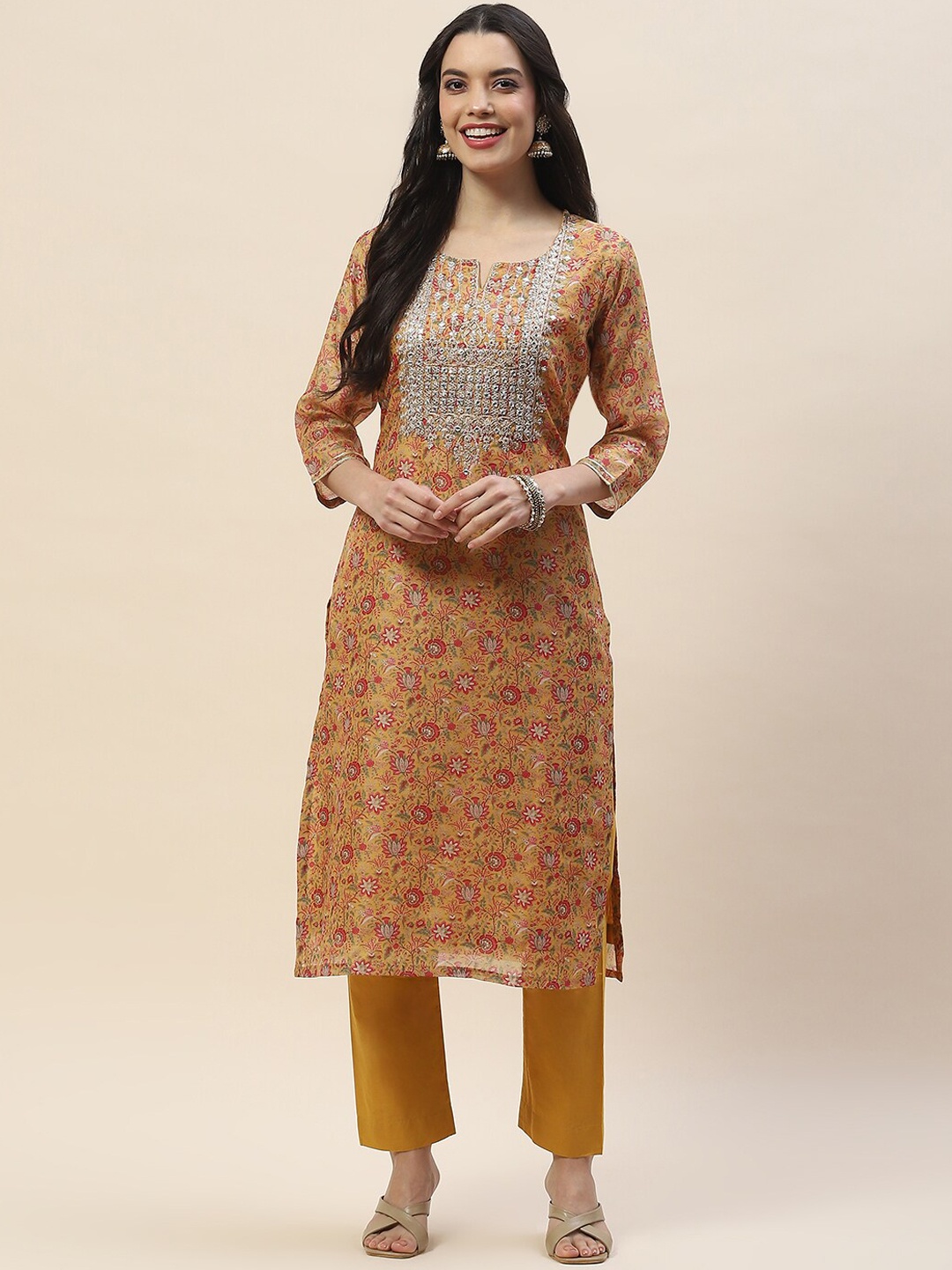 

Meena Bazaar Floral Printed Round Neck Three-Quarter Sleeves Kurta with Trousers, Mustard