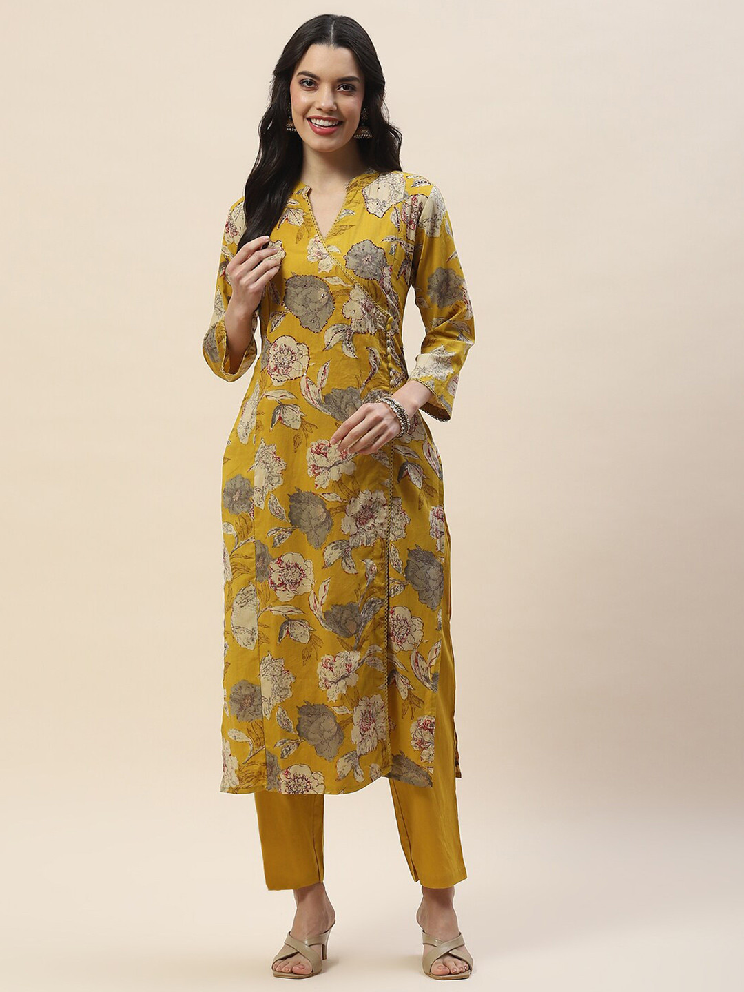 

Meena Bazaar Floral Printed Regular Kurta with Trousers, Mustard