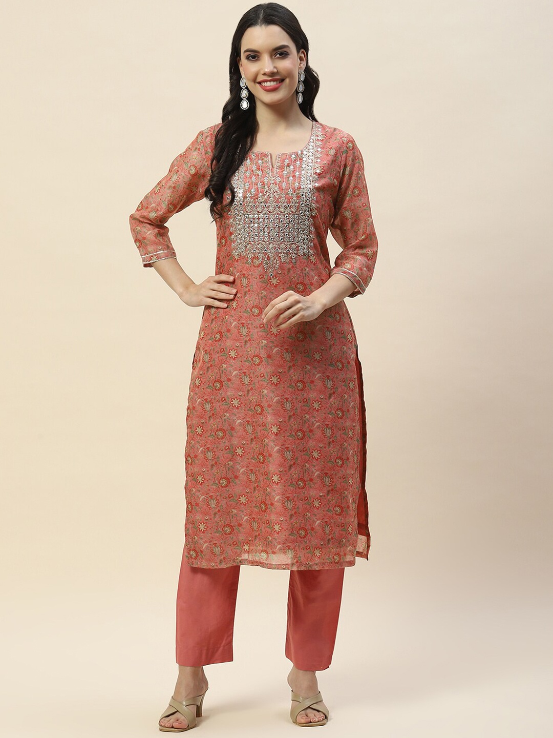 

Meena Bazaar Floral Printed Regular Thread Work Kurta With Trousers, Peach