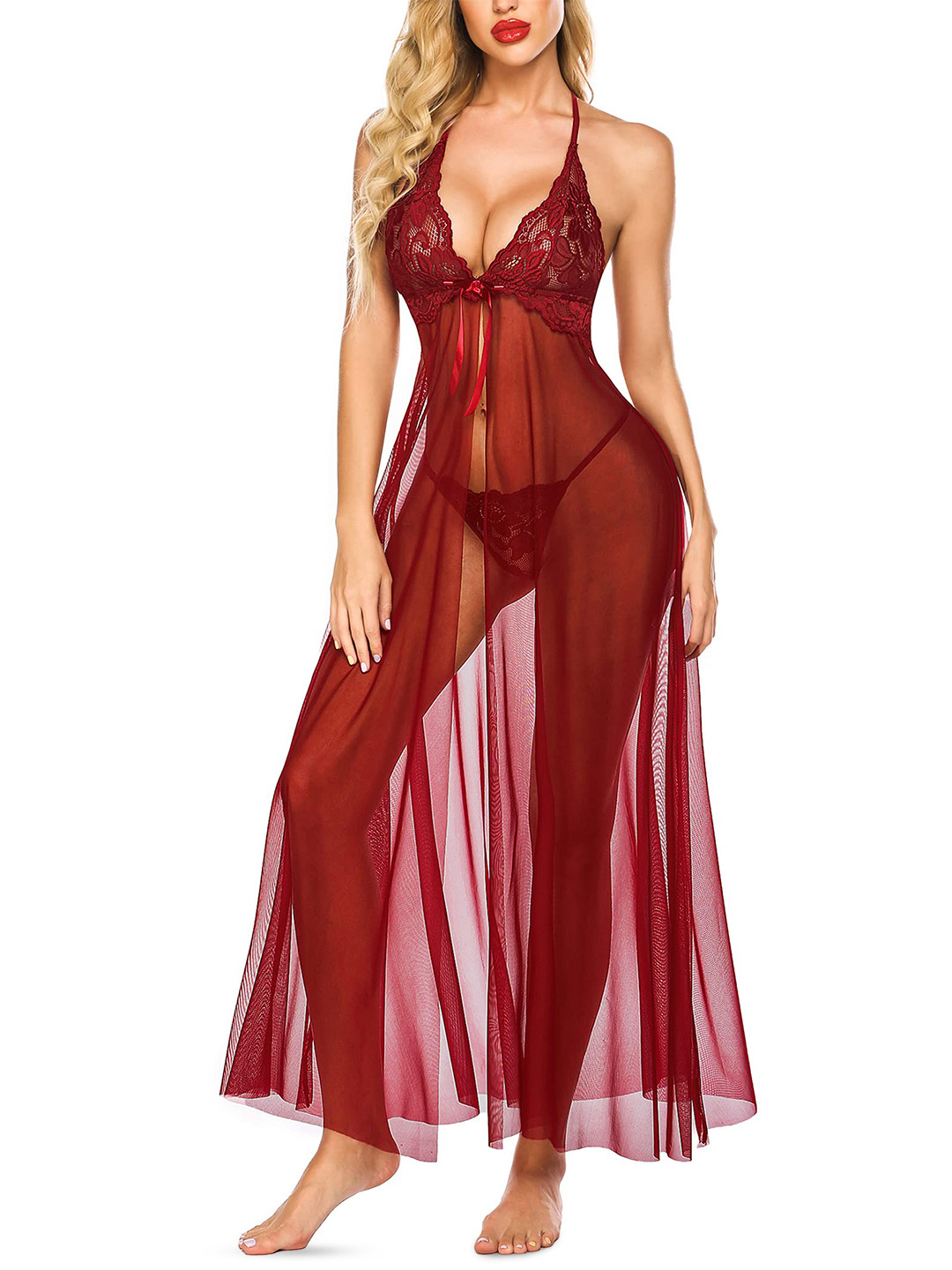 

CareDone Self Design Shoulder Straps Lace Baby Doll, Maroon