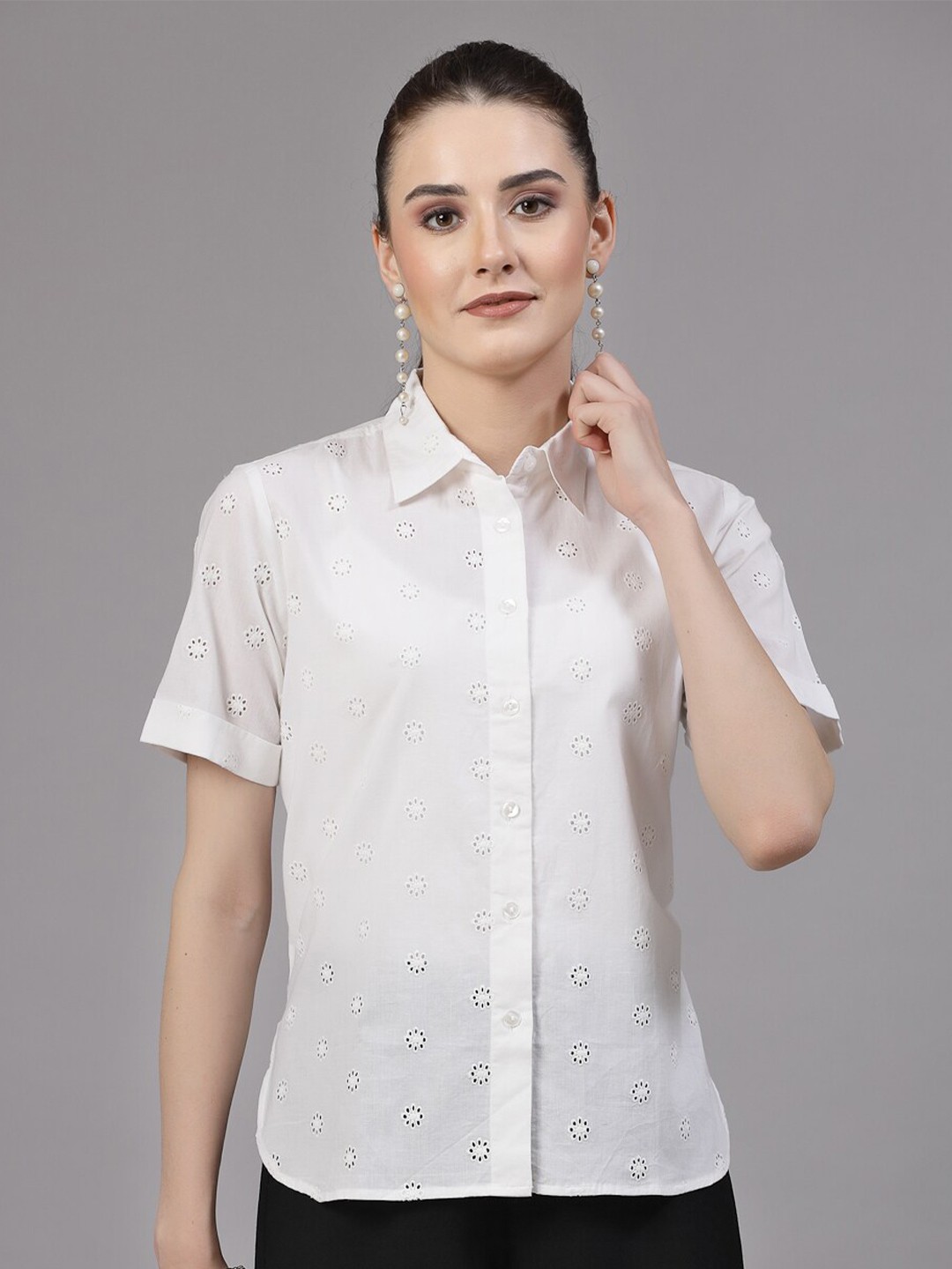 

Style Quotient White Micro Ditsy Self Design Relaxed Semi Sheer Cotton Casual Shirt