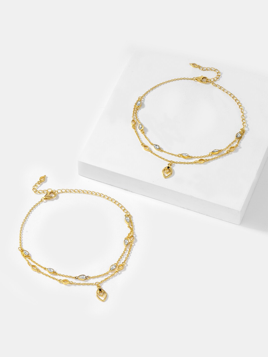 

SHAYA Set Of 2 925 Sterling Silver Gold-Plated Stone Studded Anklets