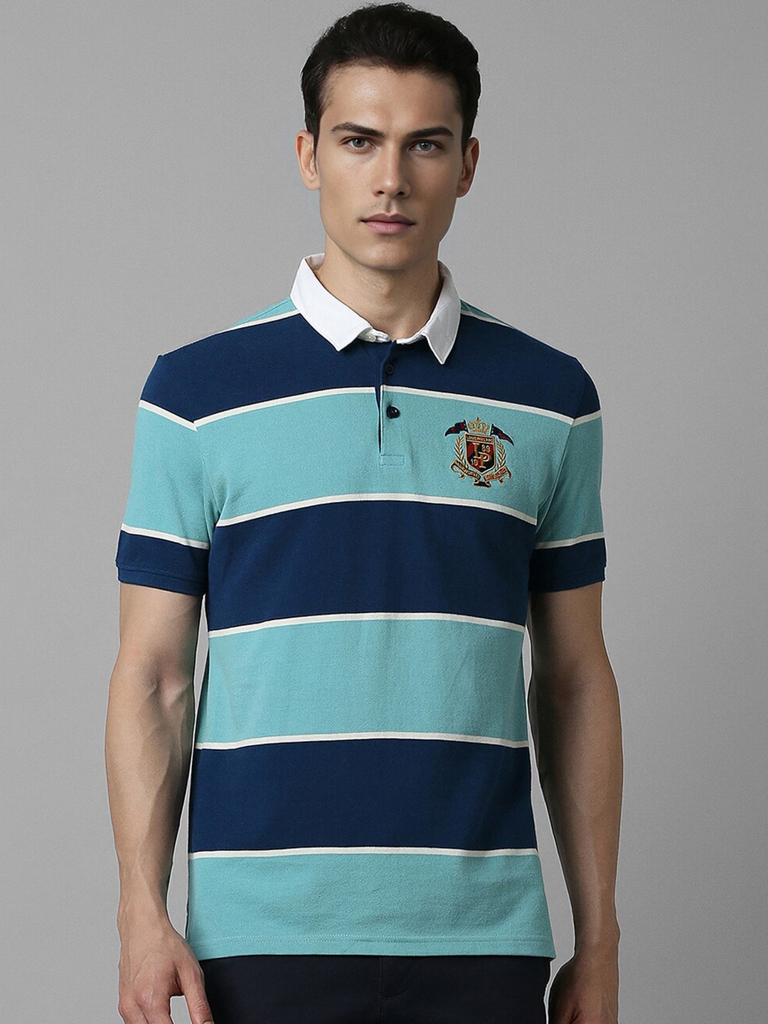 

Louis Philippe Sport Striped Polo Collar Slim Fit Cotton T-shirt, Blue