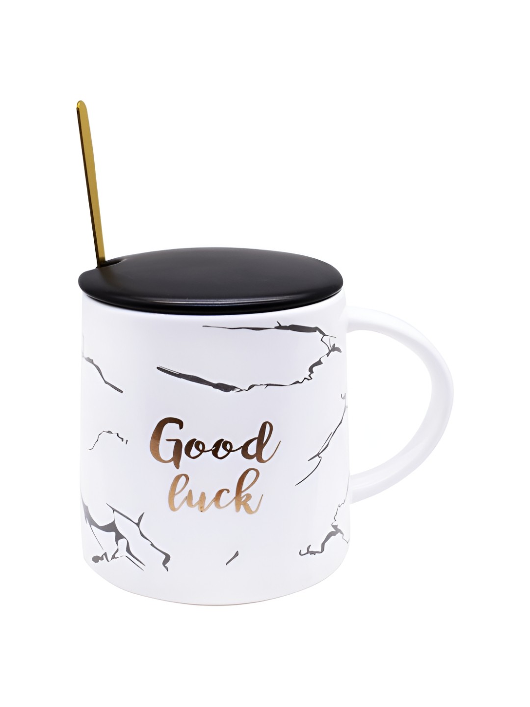 

Kookee White and GoldToned Printed Ceramic Mugs with Lid and Handle with Spoon 300ml