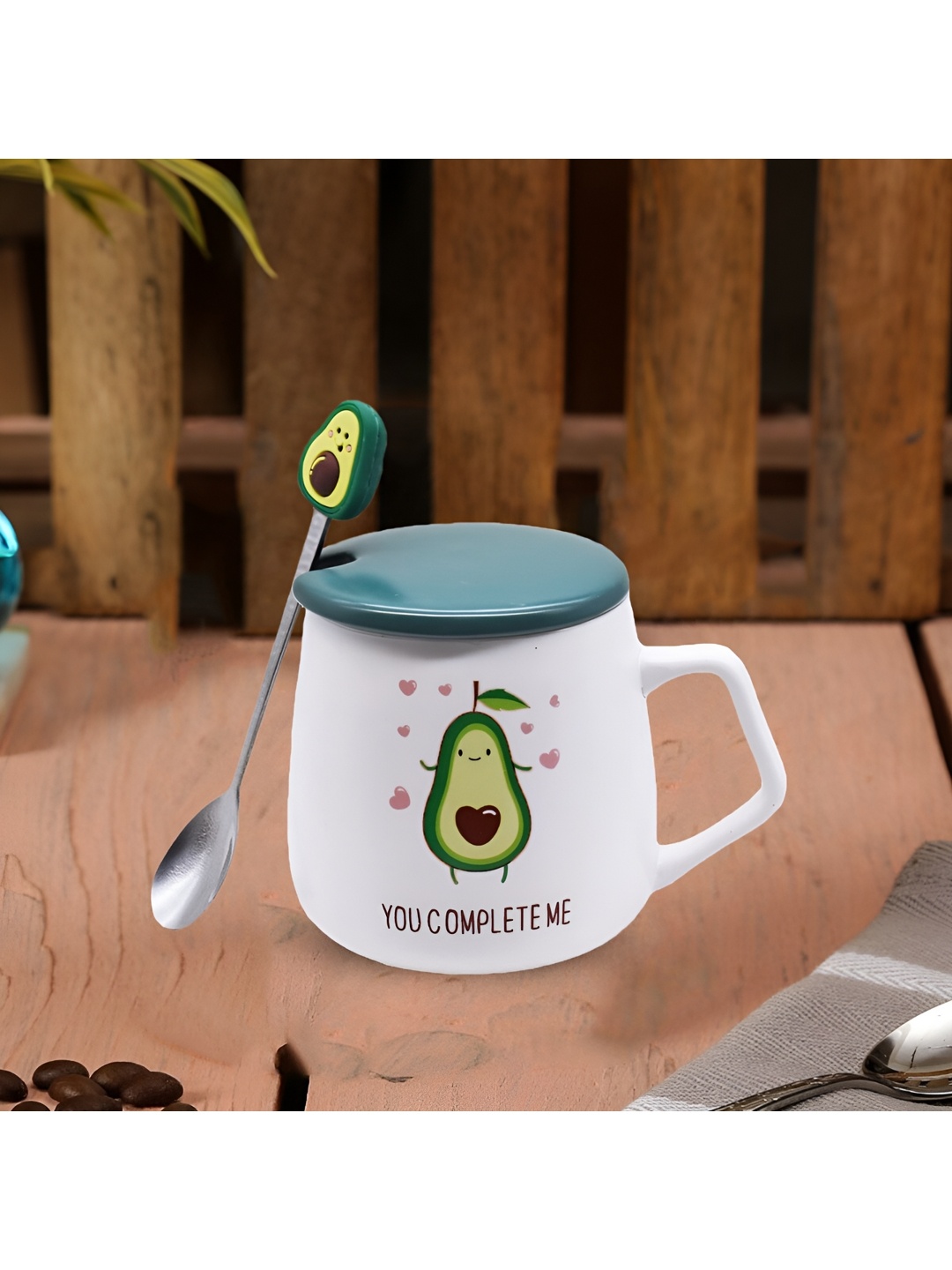 

Kookee White & Green Printed Ceramic Mug With Lid & Handle & Spoon 350 ML