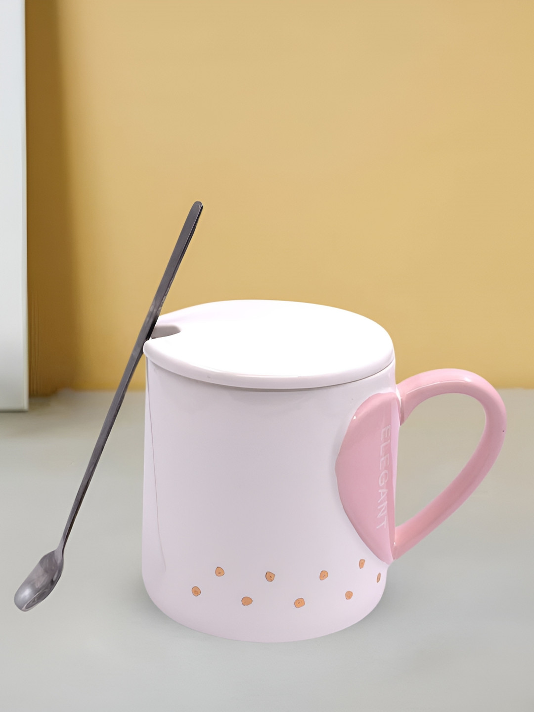 

Kookee Pink and Grey Printed Ceramic Mugs with Lid and Handle with Spoon 325 ml
