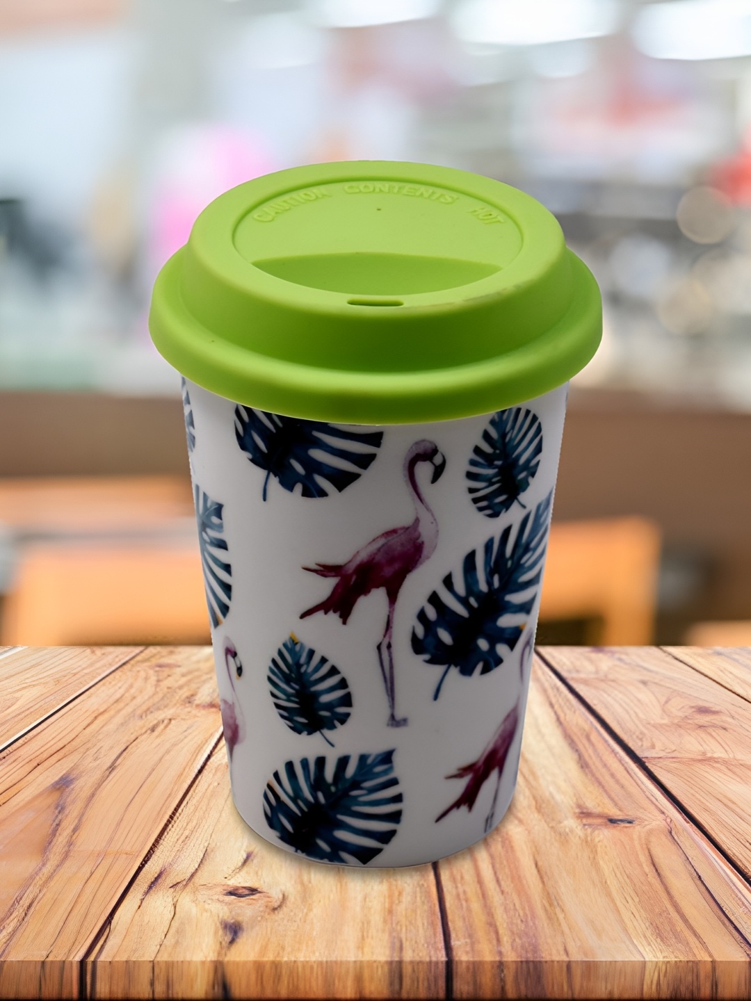 

Kookee White and Green Printed Ceramic Mugs Tall Tumbler with Silicone Lid 275ml