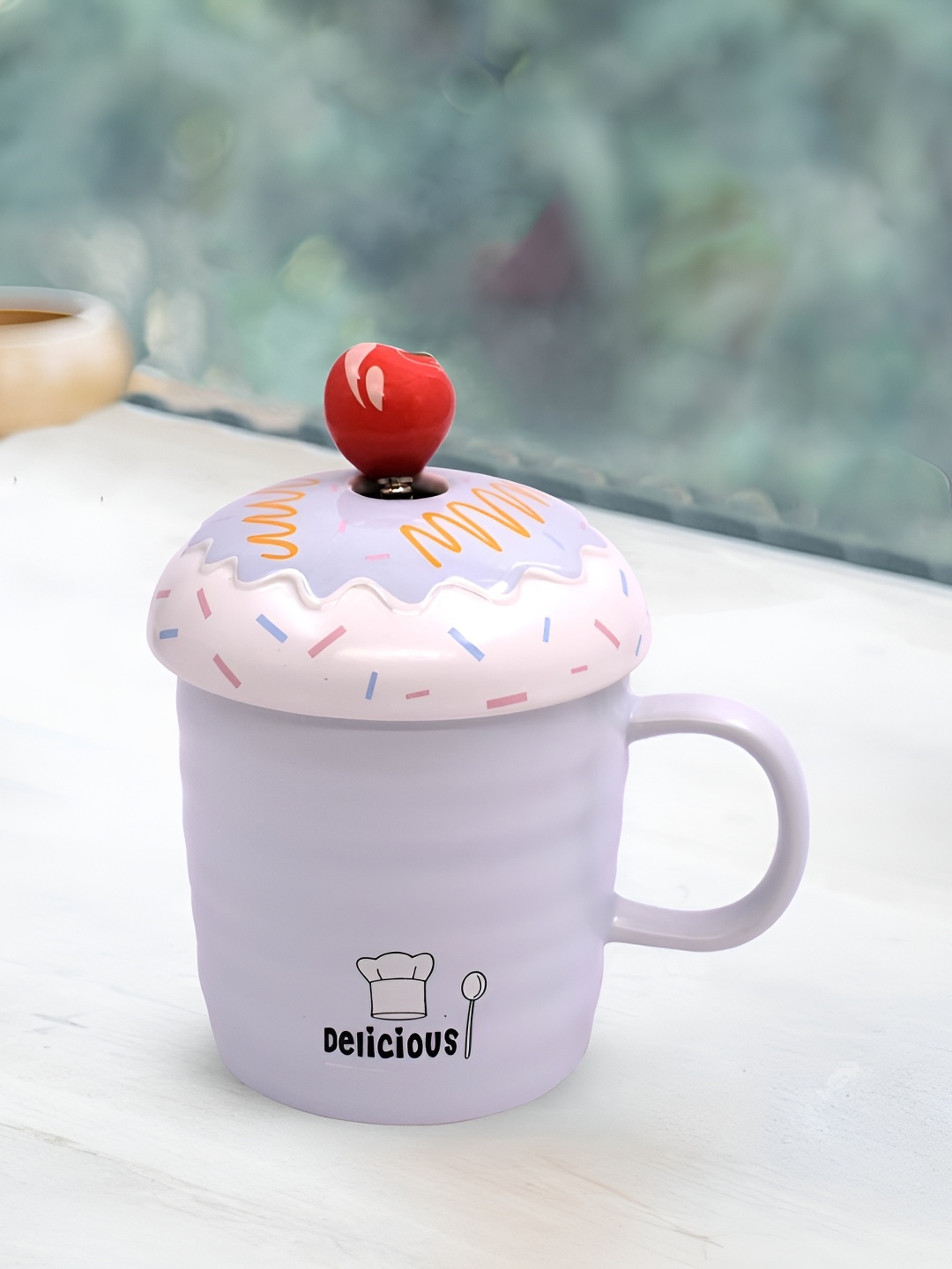 

Kookee Purple and White Printed Ceramic Mugs with Lid and Handle with Spoon 325 ml