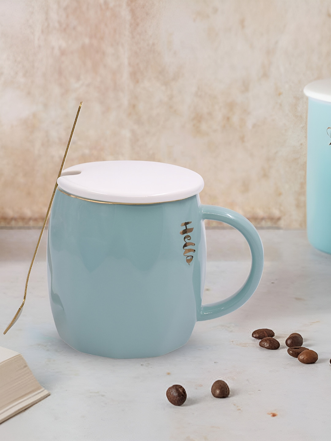 

Kookee Blue and GoldToned Printed Ceramic Mugs with Lid and Handle with Spoon 300 ml