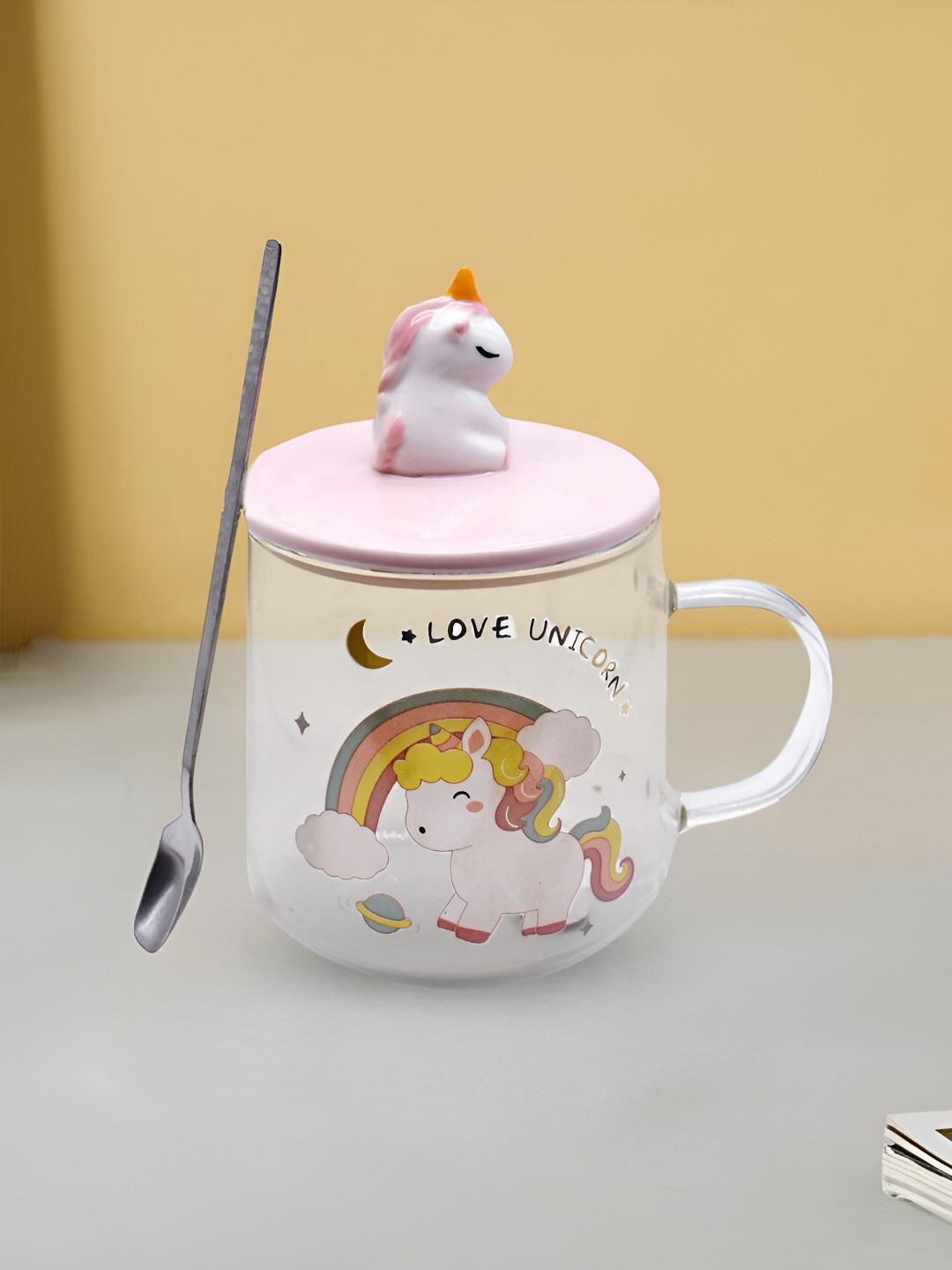 

Kookee Transparent & Yellow Printed Glass Mugs with Lid and Handle with Spoon 350 ml