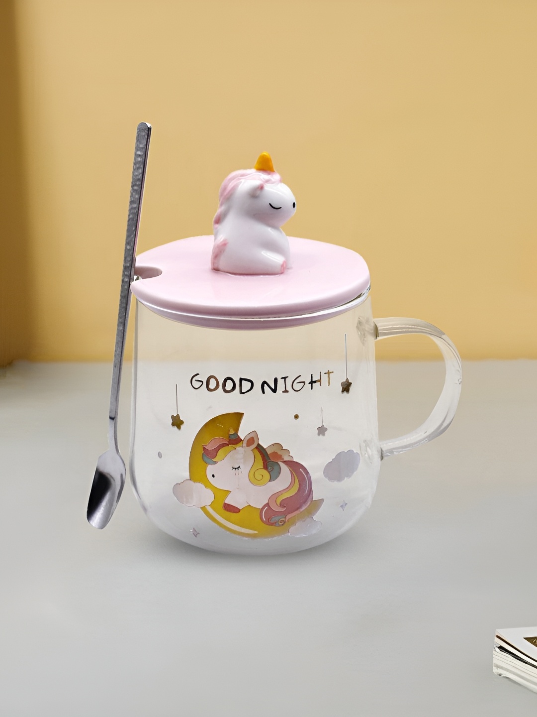 

Kookee White & Pink Text or Slogans Printed Glass Glossy Mug Lid And Handle & Spoon 350 ml