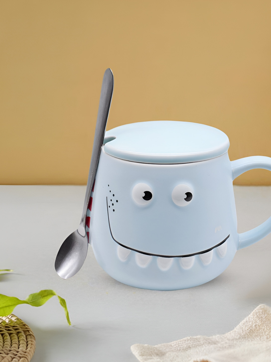 

Kookee Blue and Black Printed Ceramic Mugs with Lid and Handle with Spoon 350 ml