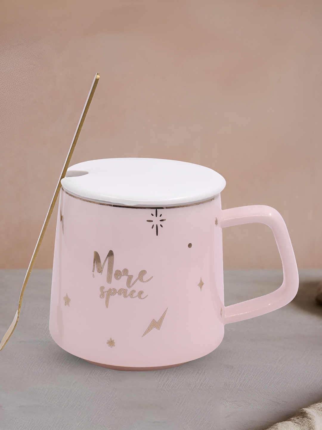 

Kookee Pink & White Printed Ceramic Mug With Lid & Handle With Spoon 250 ML