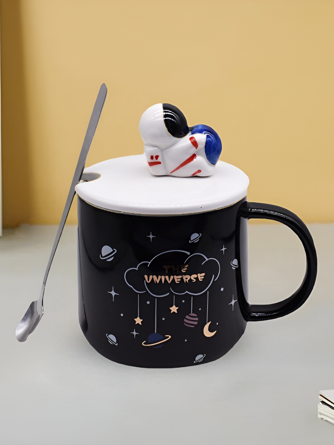 

Kookee Black Printed Ceramic Glossy Mug With Lid & Handle & Spoon 350 ML