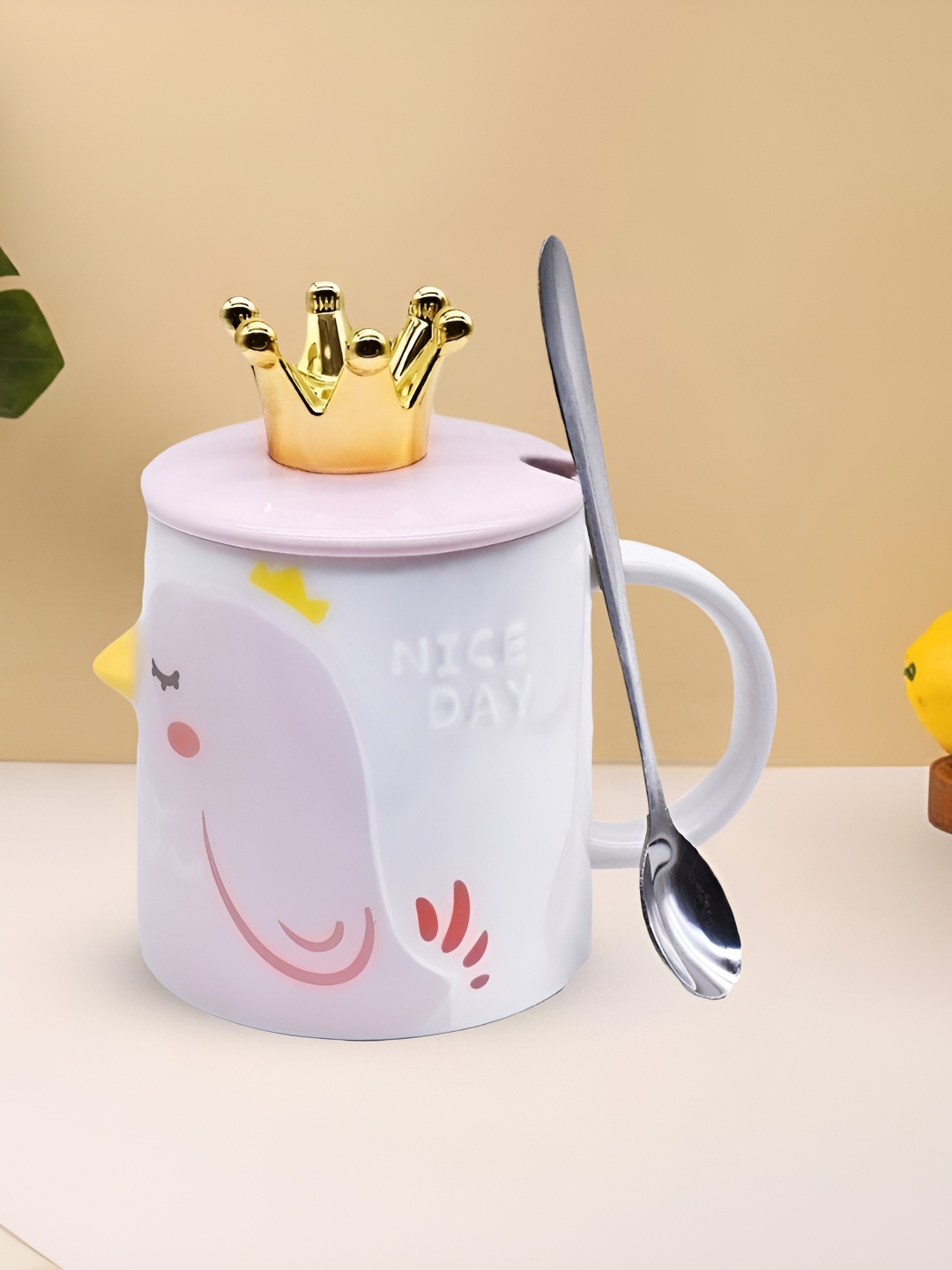 

Kookee Pink Printed Ceramic Mug With Lid & Handle & Spoon Mug 350 ML
