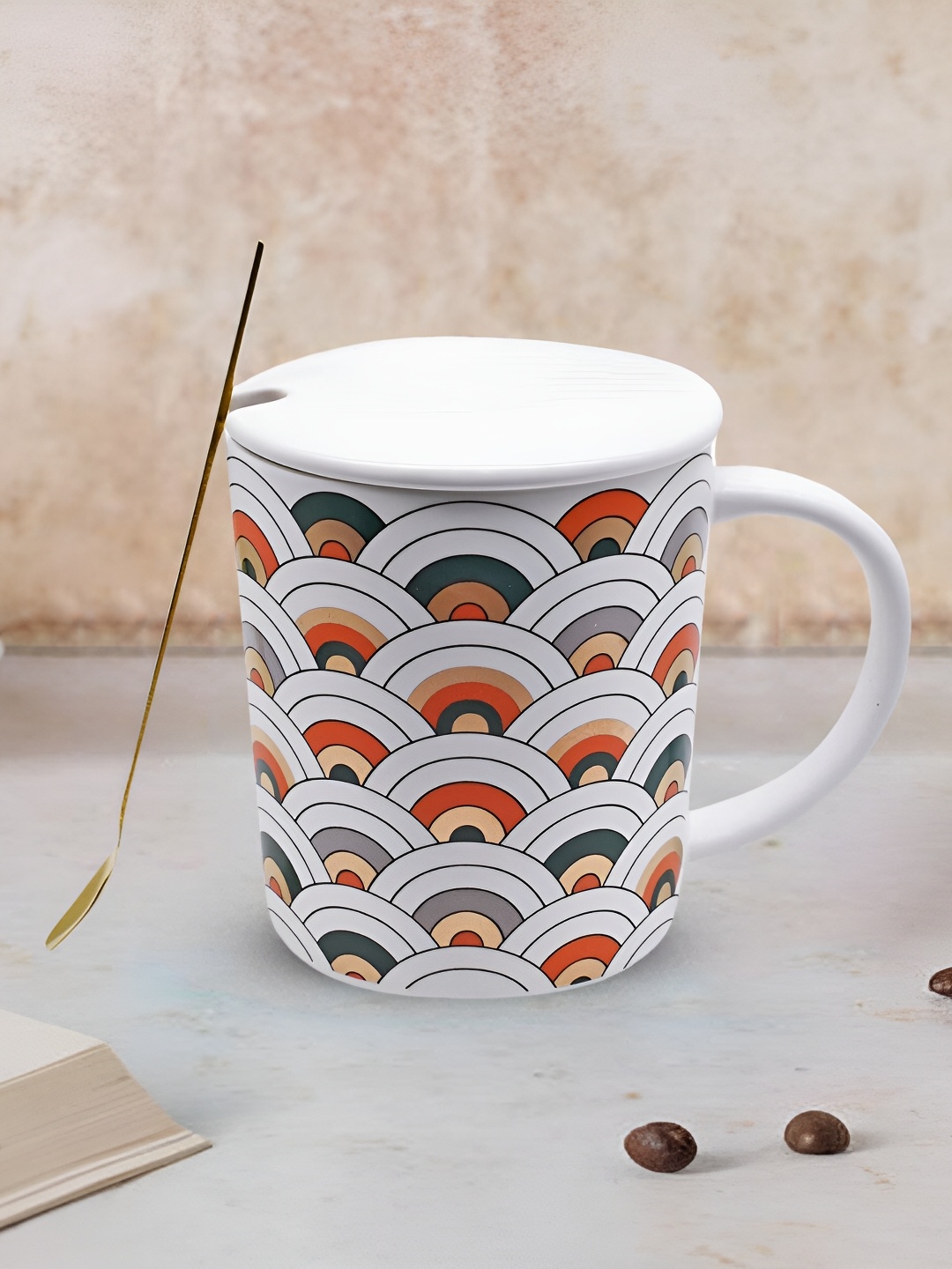 

Kookee White & Green Printed Ceramic Mug With Lid & Handle & Spoon 350 ML