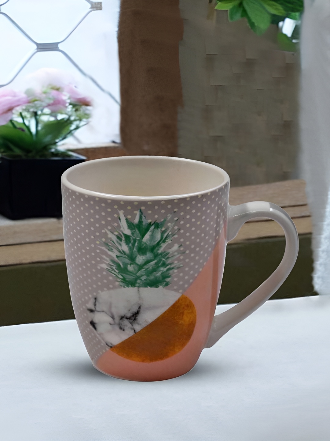 

Kookee Beige & Green Floral Printed Ceramic Glossy Mug 325 ml