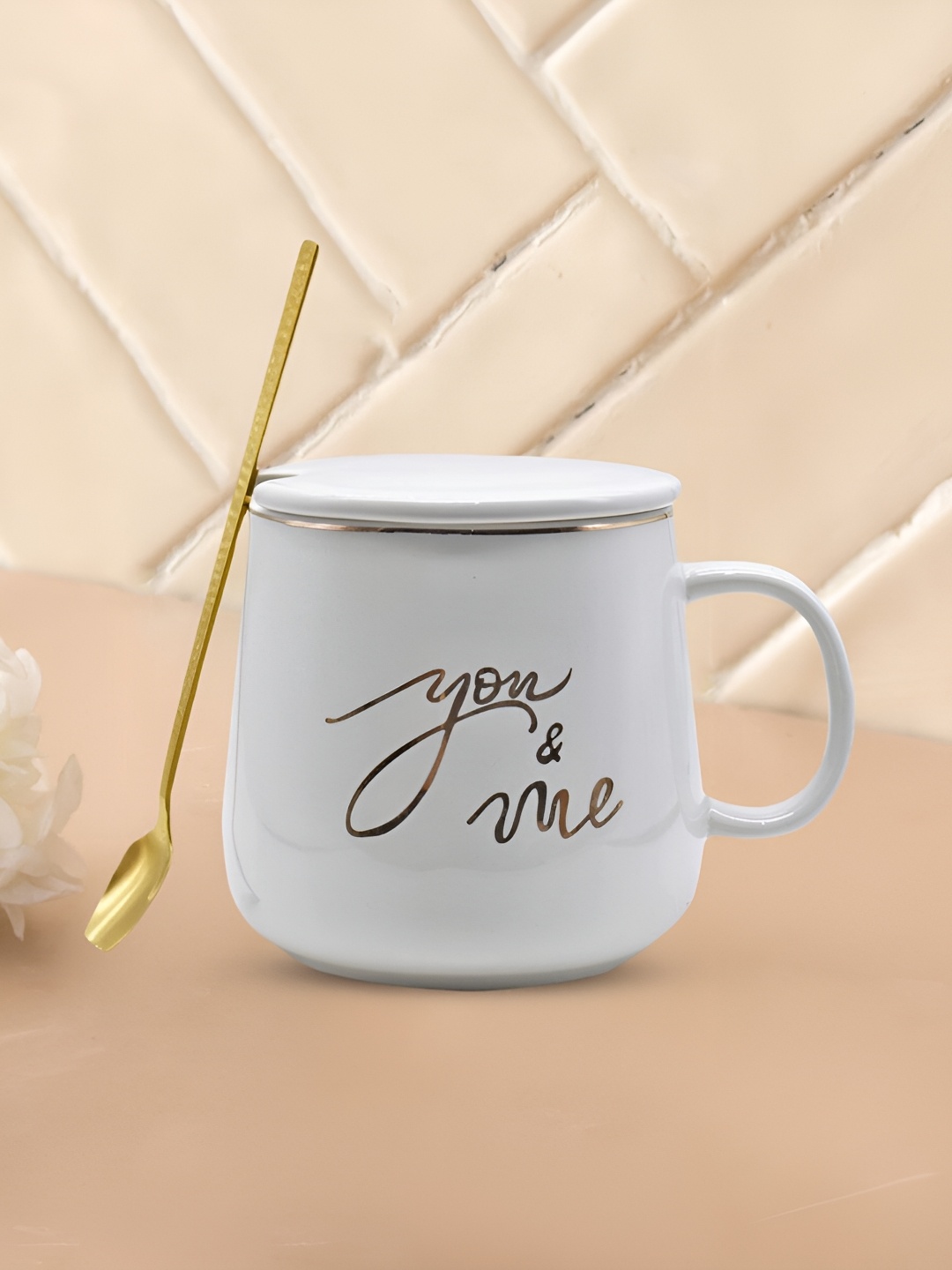 

Kookee Grey & Gold Toned Printed Ceramic Mug With Lid & Handle & Spoon 350 ML