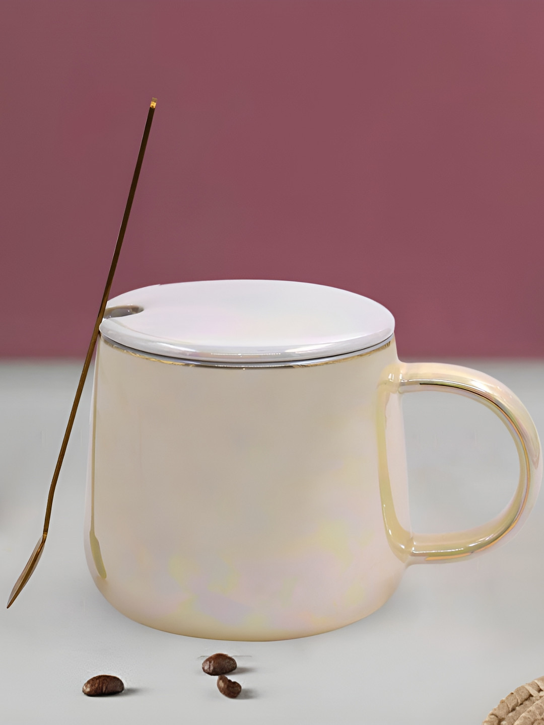 

Kookee Beige Ceramic Mug With Lid & Handle & Spoon 250 ML