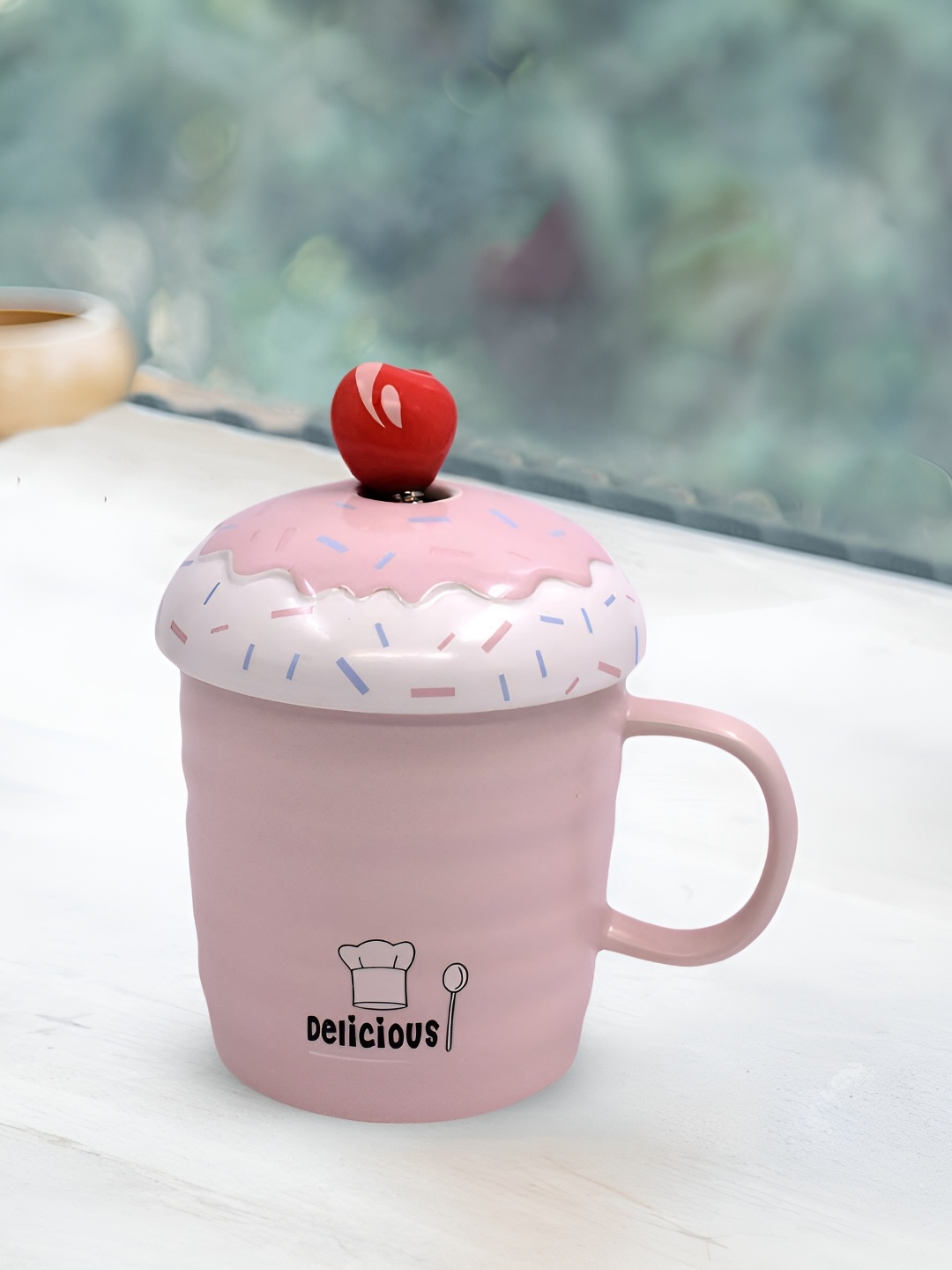 

Kookee Pink Text or Slogans Printed Ceramic Glossy Mug With Lid And Handle & Spoon 325ml