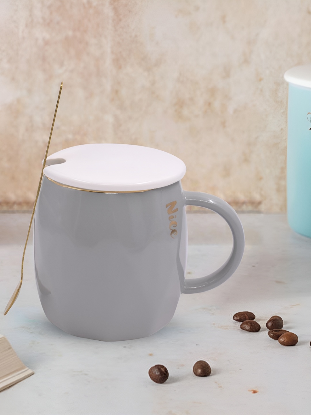 

Kookee Grey Ceramic Glossy Mugs With Lid And Handle With Spoon 300 ml