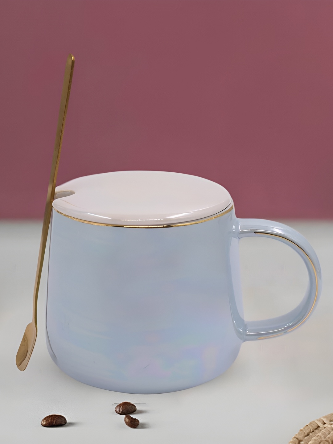 

Kookee Blue & White Ceramic Mug With Lid & Handle & Spoon 250 ML