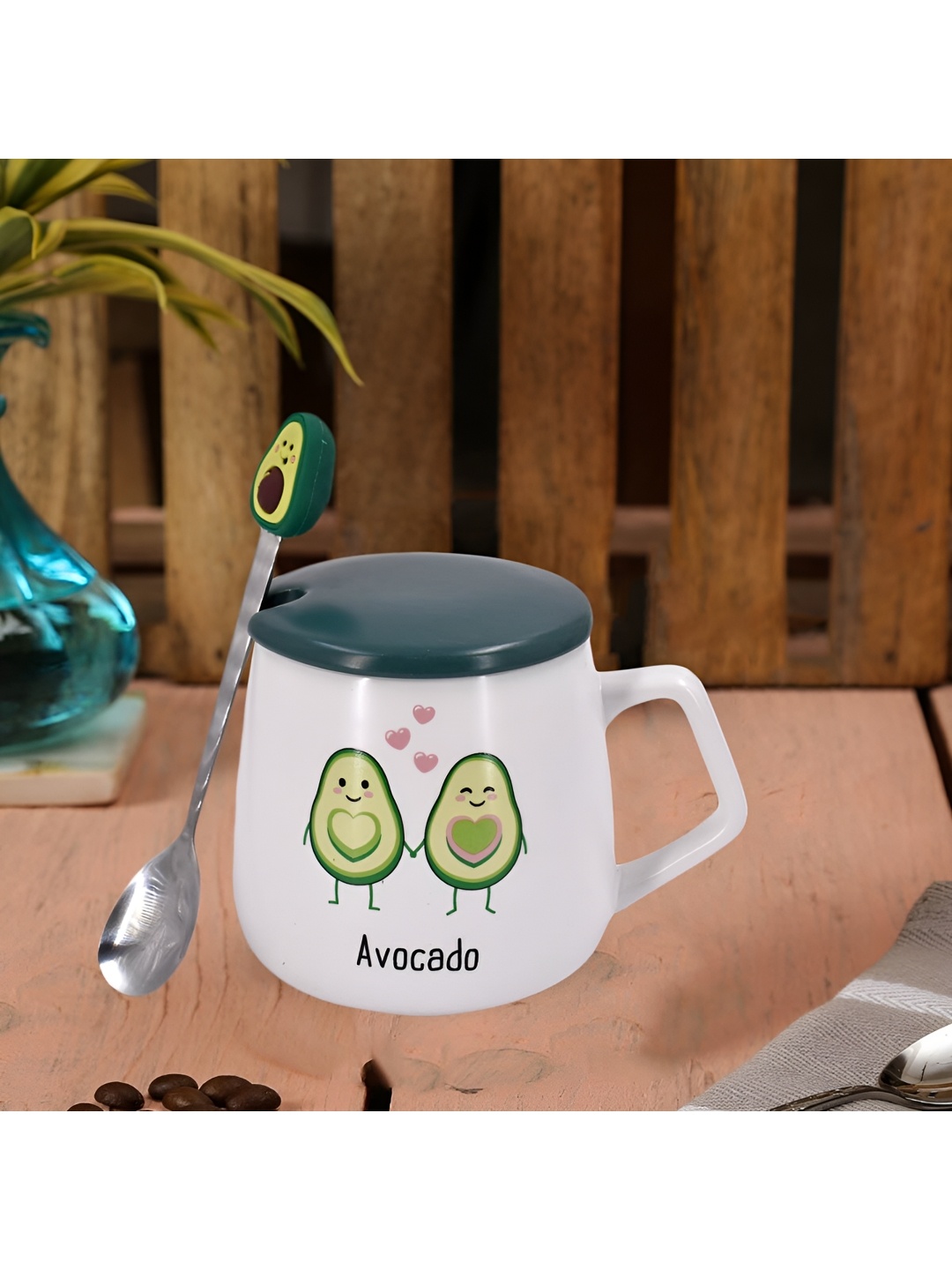 

Kookee White & Green Printed Ceramic Mug With Lid & Handle & Spoon 250 ML