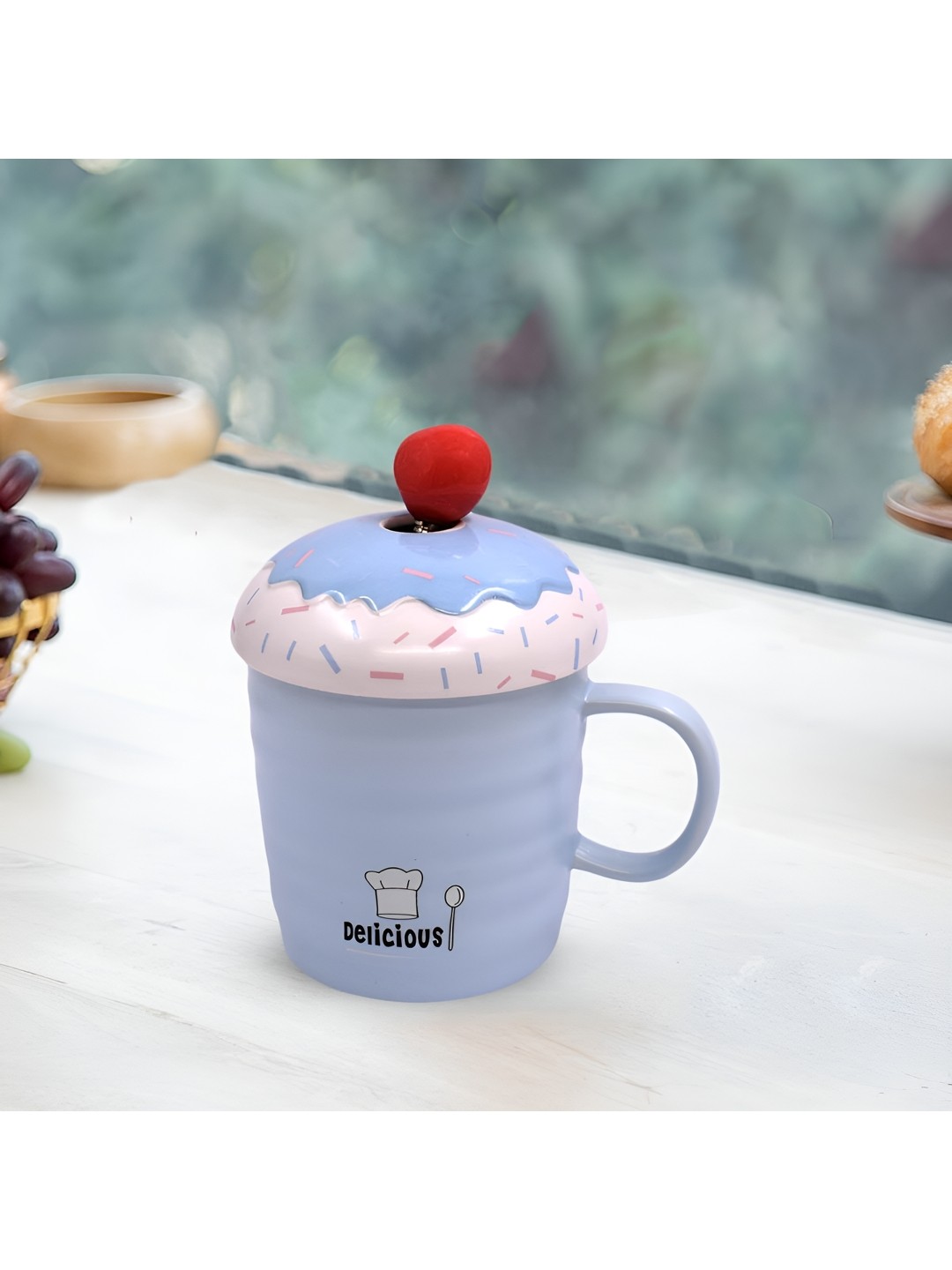 

Kookee Blue and White Printed Ceramic Mugs with Lid and Handle with Spoon