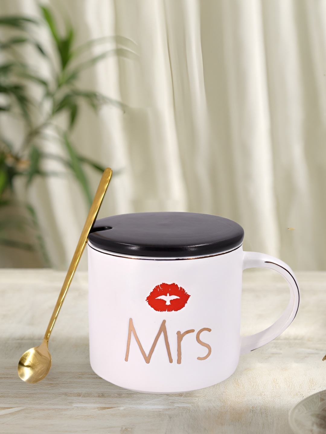 

Kookee White Text or Slogans Printed Ceramic Mug With Lid And Handle With Spoon