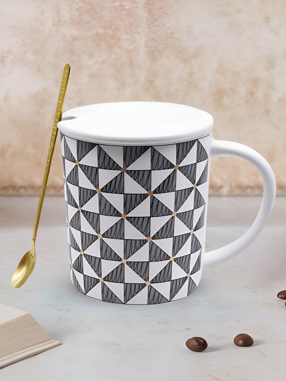 

Kookee White & Black Printed Ceramic Mug With Lid & Handle With Spoon350 ML