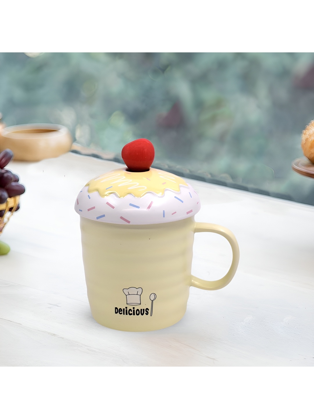 

Kookee Yellow & White Printed Ceramic Mug With Lid & Handle & Spoon 325 ML