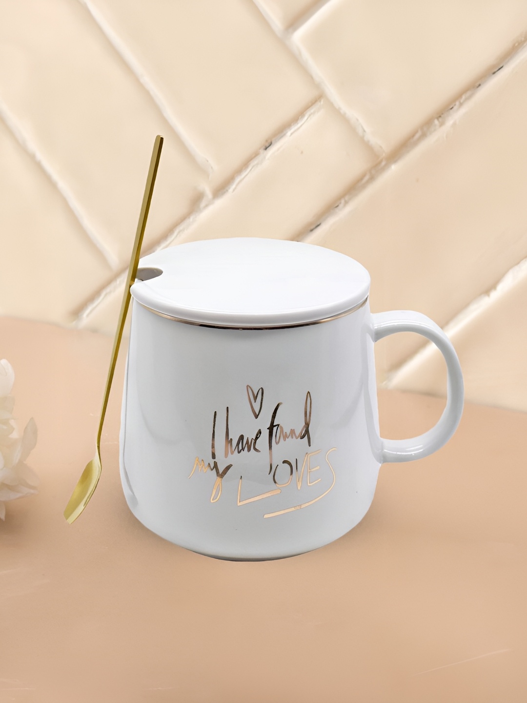 

Kookee Grey & Beige Text or Slogans Printed Ceramic Glossy Mug Lid Handle & Spoon 350 ml