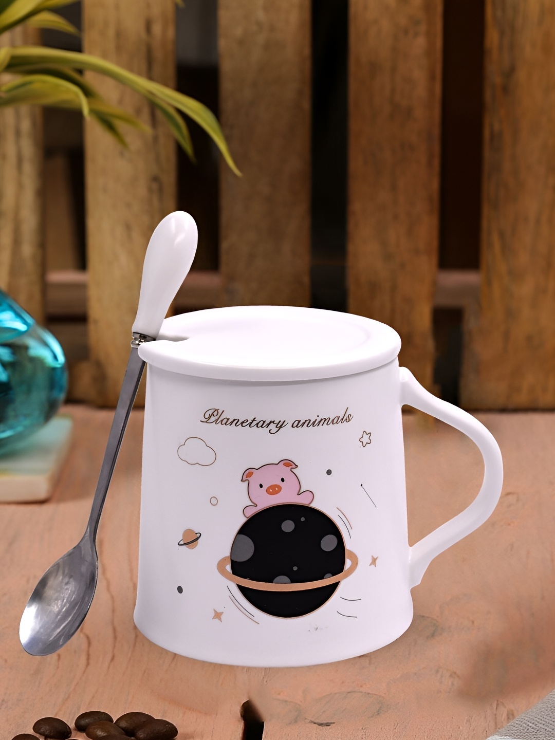 

Kookee White & Black Text or Slogans Printed Ceramic Glossy Mug Lid Handle & Spoon 250 ml