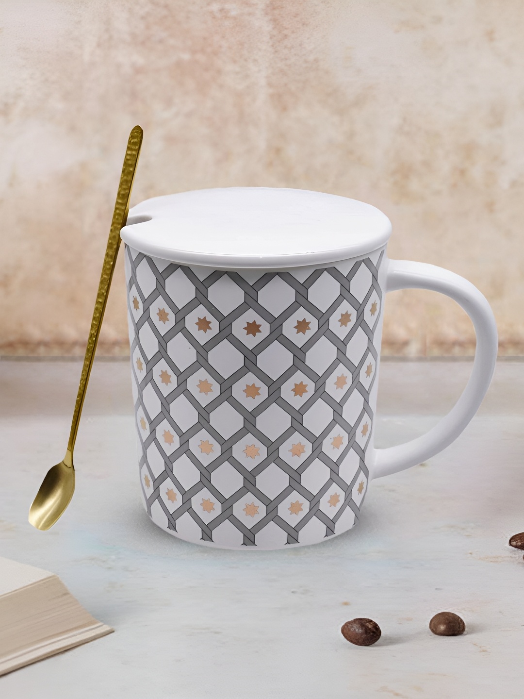 

Kookee White & Grey Printed Ceramic Mug With Lid & Handle & Spoon 350 ML