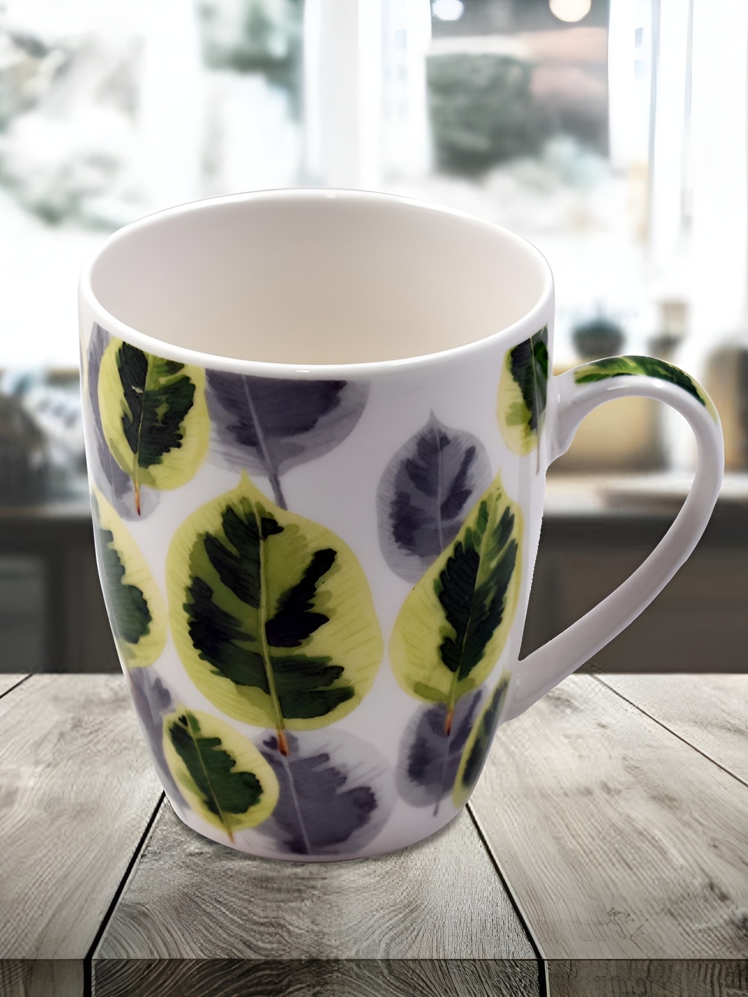 

Kookee White & Green Floral Printed Ceramic Glossy Mug 325 ml