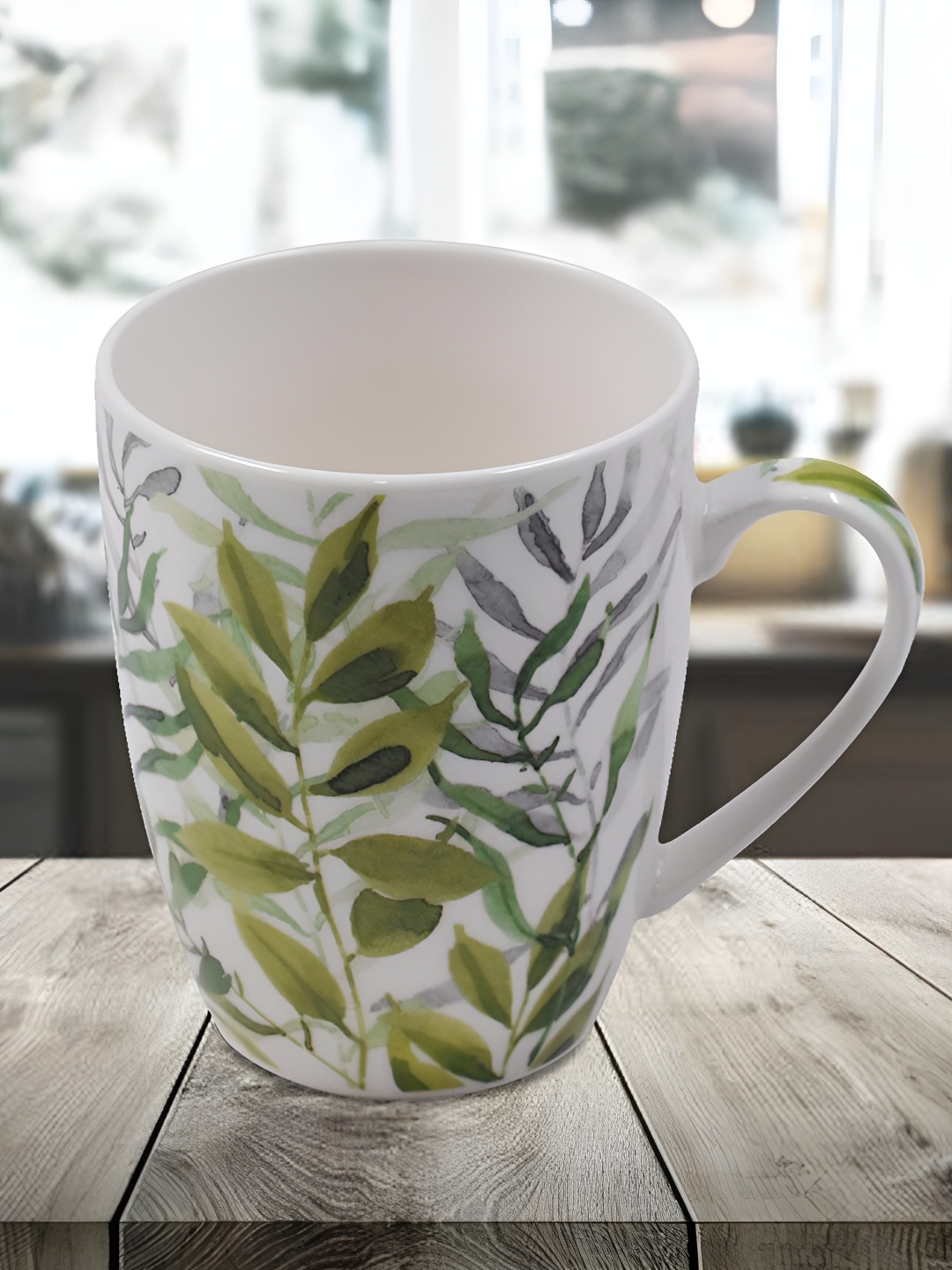 

Kookee White & Green Floral Printed Ceramic Glossy Mug 325 ml