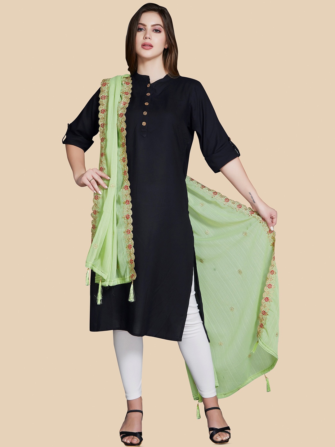 

Rani Saahiba Floral Embroidered Dupatta, Lime green